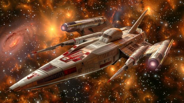 A futuristic spaceship cruising through deep space, with distant stars and nebulae in the desktop background, showcasing sleek design and advanced technology.