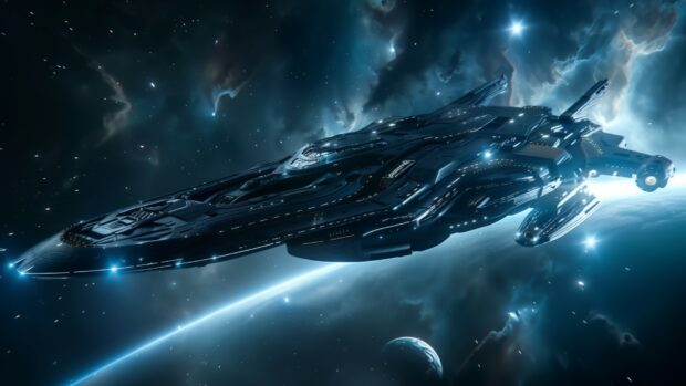 A futuristic spaceship cruising through deep space, with distant stars and nebulae in the wallpaper, showcasing sleek design and advanced technology.