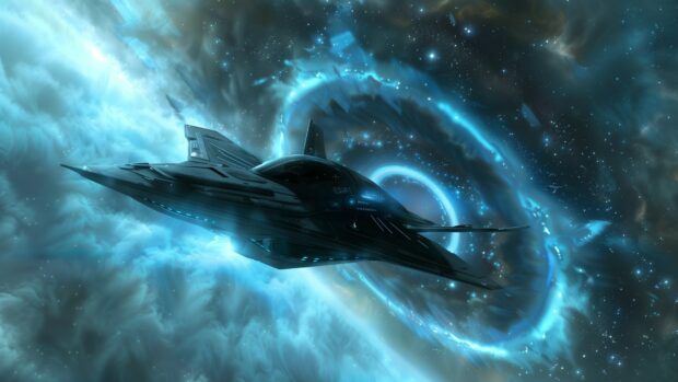 A futuristic spaceship traveling through a blue tinted wormhole, with dynamic light effects and distant stars in the background.