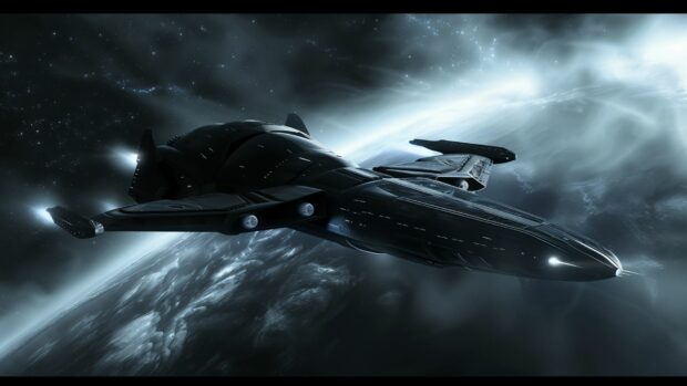 A futuristic spaceship traveling through the dark expanse of space background, with minimal light sources and a starry backdrop.