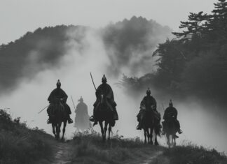 A group of samurai on horseback riding through a foggy mountain pass, 4K Samurai Wallpaper.