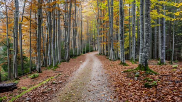 A hiking trail through a forest in autumn, leaves crunching underfoot.