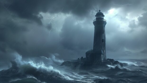 A lone lighthouse standing strong amidst a fierce ocean storm.