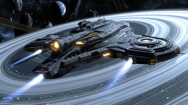 A majestic spaceship soaring past a ringed planet, with the planet's rings and moons creating a stunning backdrop in outer space background.
