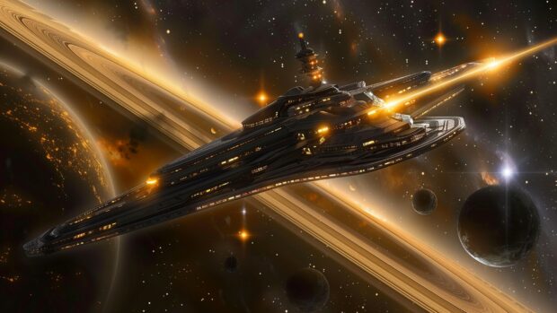 A majestic spaceship soaring past a ringed planet, with the planet's rings and moons creating a stunning backdrop in outer space wallpaper.
