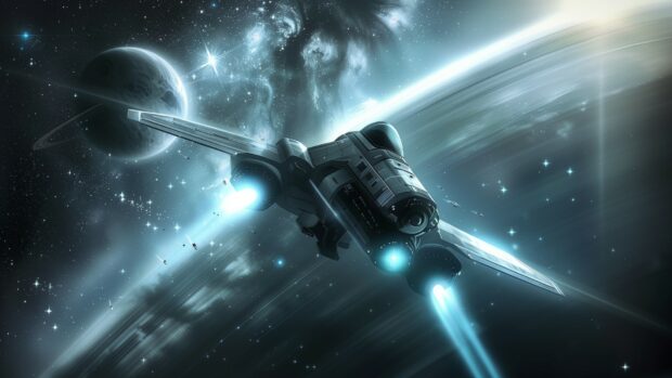 A majestic spaceship soaring past a ringed planet, with the planet's rings and moons creating a stunning backdrop in outer space wallpaper HD.