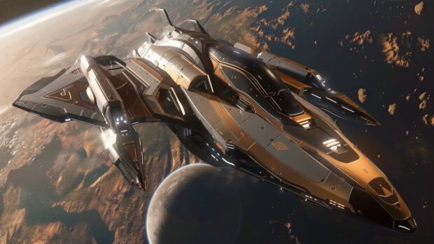 A majestic spaceship soaring past a ringed planet, with the planet's rings and moons creating a stunning backdrop in outer space wallpaper free download.