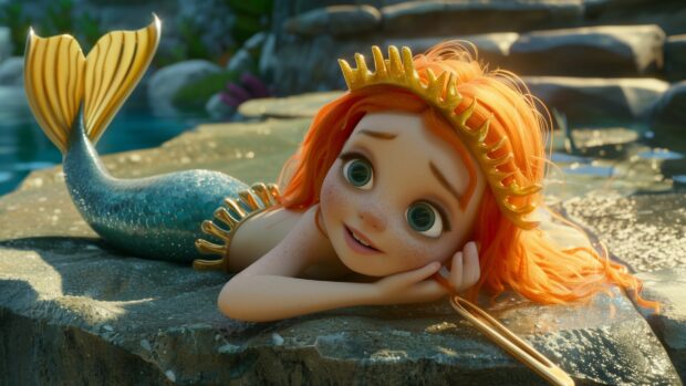 A mermaid lounging on a rock, combing her hair with a golden comb.