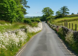 A narrow country lane flanked by blooming wildflowers and old stone walls under a clear blue sky.