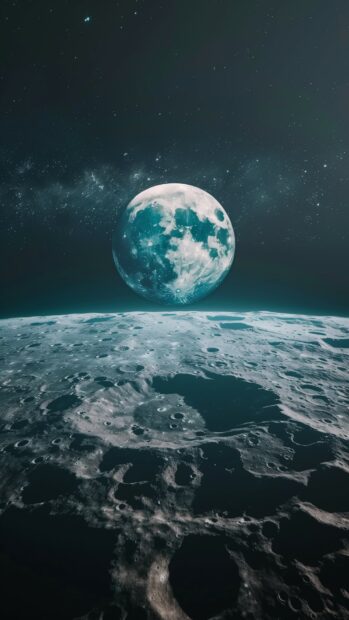 A panoramic Moon surface wallpaper HD for iPhone with Earth rising in the distance.