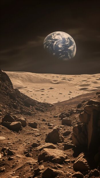 A panoramic Moon surface wallpaper iPhone with Earth rising in the distance.