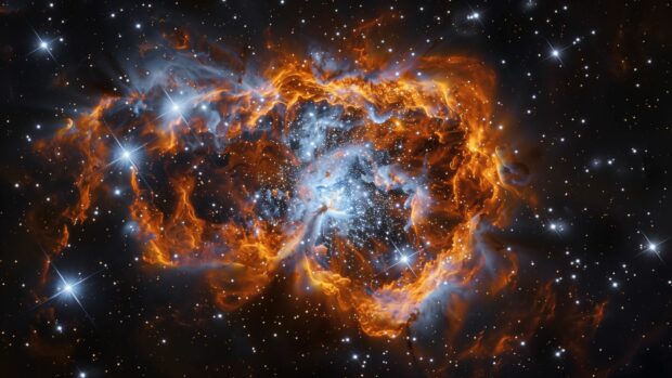 A panoramic view of a planetary nebula with intricate patterns and vibrant colors set against the darkness of Space Wallpapers 1080p Full HD.