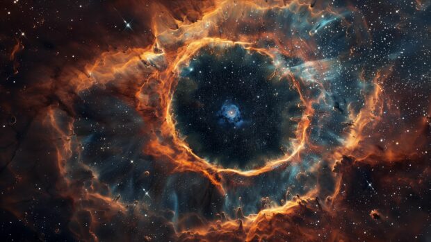 A panoramic view of a planetary nebula with intricate patterns and vibrant colors set against the darkness of space 4K background.