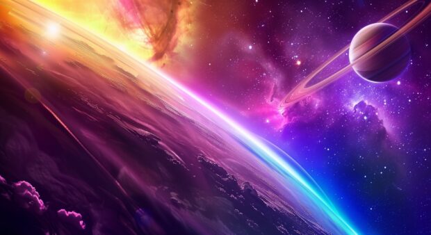 A peaceful scene of a rainbow hued planet orbiting in cool space, with colorful rings and distant stars providing a beautiful cosmic backdrop.
