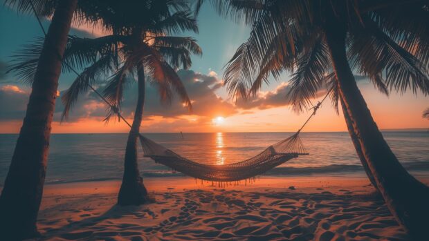A peaceful sunset beach with a hammock strung between two palm trees.