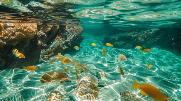 A pristine ocean wallpaper with crystal clear water and colorful fish swimming.