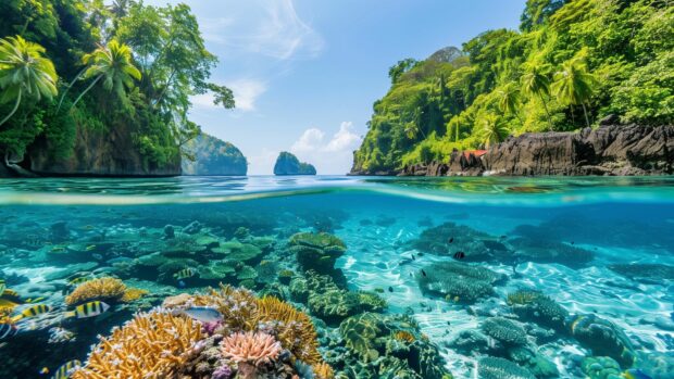 A pristine ocean with crystal clear water and vibrant coral reefs below.