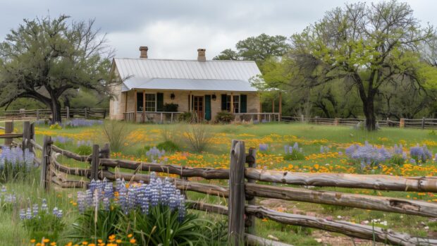 A quaint country farmhouse surrounded by blooming wildflowers and a rustic wooden fence.