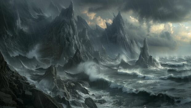 A rocky coastline with dramatic waves and a stormy sky.