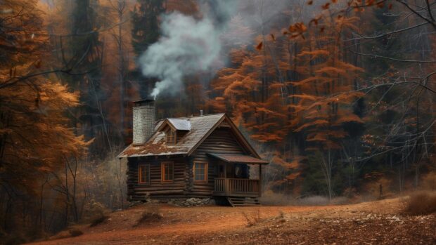 A rustic cabin surrounded by autumn trees, smoke rising from the chimney.