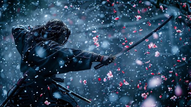 A samurai drawing his sword in a dynamic motion, surrounded by falling cherry blossom petals.