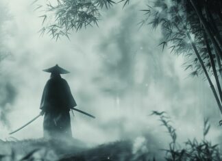 A samurai standing alone in a misty bamboo forest, with his katana drawn, ready for battle, Samurai Background 4K.