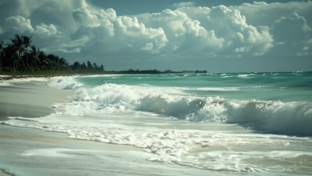 A serene beach with gentle ocean waves lapping at the shore.