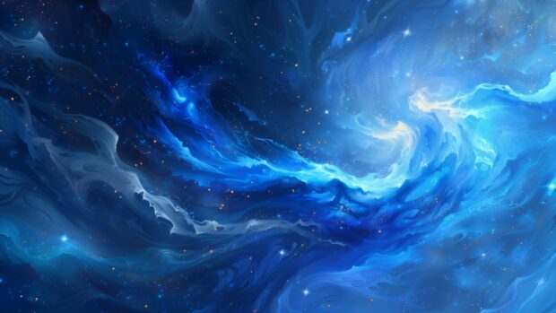 A serene blue nebula swirling in space, with stars scattered throughout the vibrant, deep blue HD space background.