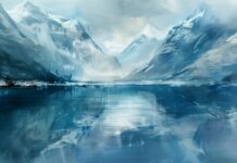 A serene cool toned mountain lake reflecting snow capped peaks, , Cool Nature Background Image.