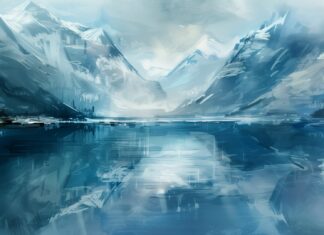 A serene cool toned mountain lake reflecting snow capped peaks, , Cool Nature Background Image.