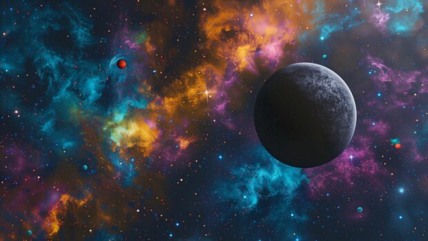 A serene distant planet orbiting a binary star system wallpaper, with colorful skies.