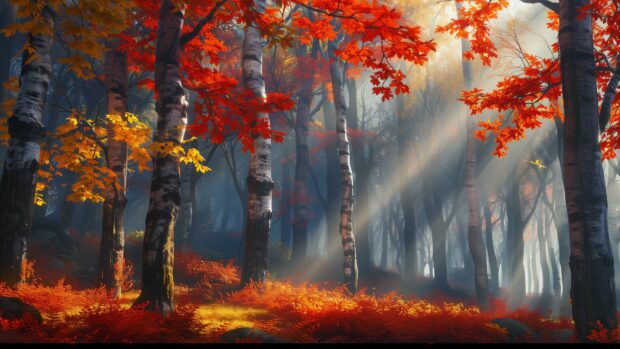 A serene forest path covered with vibrant fall leaves, sunlight filtering through the trees.