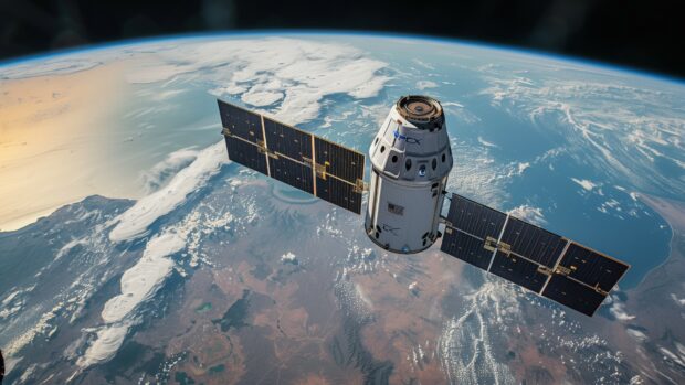 A serene image of the SpaceX Dragon capsule orbiting Earth, with the planet's blue oceans and white clouds in the background, 4K wallpaper.