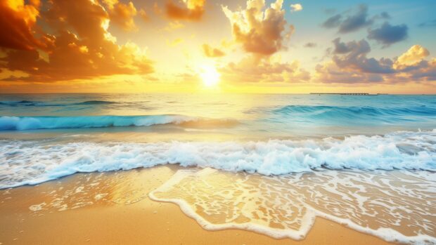 A serene ocean at sunset, with gentle waves and a colorful sky.