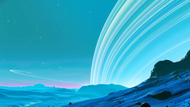 A serene scene of a blue hued space station orbiting a gas giant, with intricate details and a star filled sky.