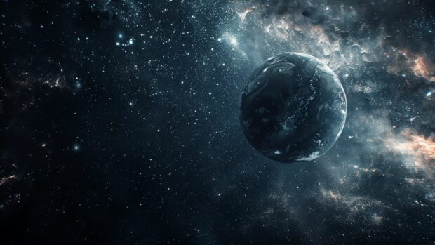 A serene scene of a dark planet with a faintly glowing atmosphere, set against the starry background of deep black space.