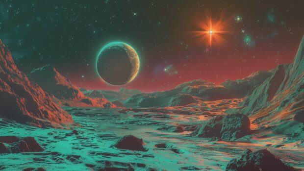 A serene view of a distant planet orbiting a binary star system with colorful skies of Space HD Wallpaper.