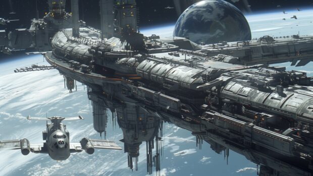 A serene view of a spaceship docking at a massive space station, with Earth visible in the background.