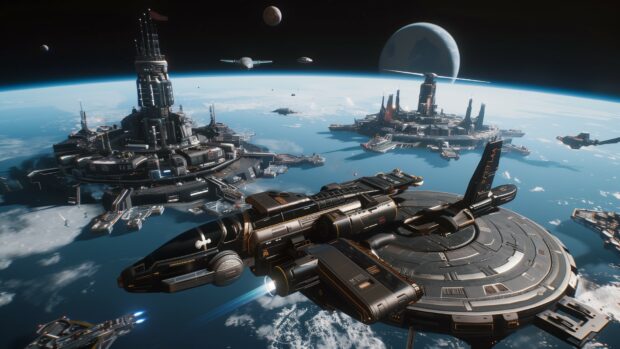 A serene view of a spaceship docking at a massive space station, with Earth visible in the background and a bustling activity around the station (2).