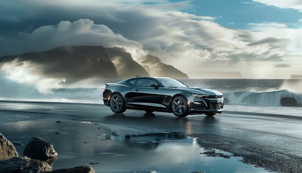 A sleek Camaro SS parked on a coastal road with waves crashing in the background.