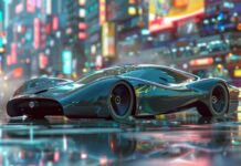 A sleek and modern cool 3D sports car racing on a futuristic city street, Cool HD Wallpaper.