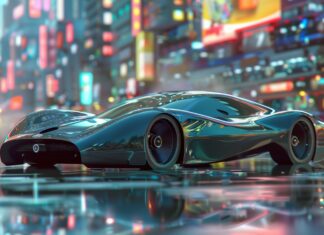 A sleek and modern cool 3D sports car racing on a futuristic city street, Cool HD Wallpaper.