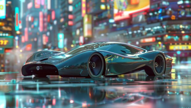 A sleek and modern cool 3D sports car racing on a futuristic city street, Cool HD Wallpaper.