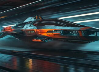 A sleek, futuristic vehicle speeding through a neon lit tunnel.