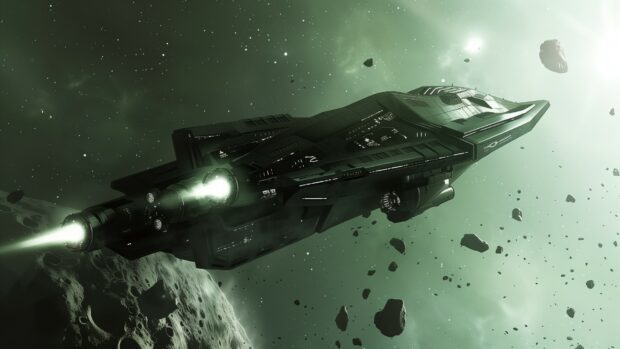 A sleek spaceship flying close to a giant asteroid, with stars and deep space as the backdrop.