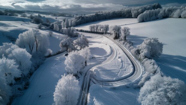 A snowy country road winding through a winter landscape with snow covered trees and fields, Country Background 4K.