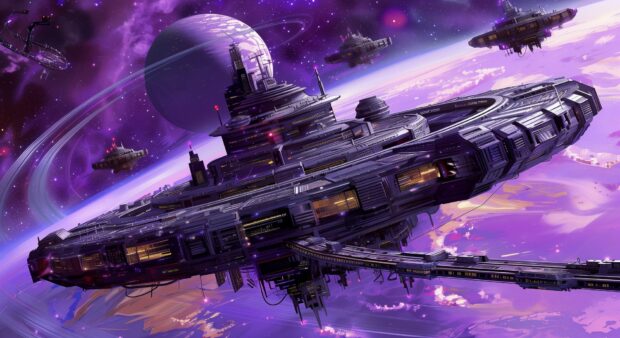 A space station orbiting a gas giant with colorful rings, Sci fi Backgrounds HD.
