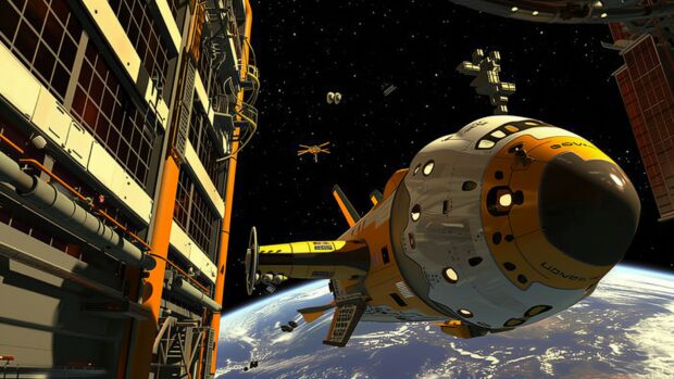A spaceship docking at a massive space station, with Earth visible in the background and a bustling activity around the station.