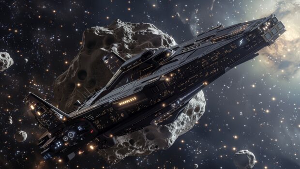 A spaceship flying close to a giant asteroid, with stars and deep space as the backdrop.