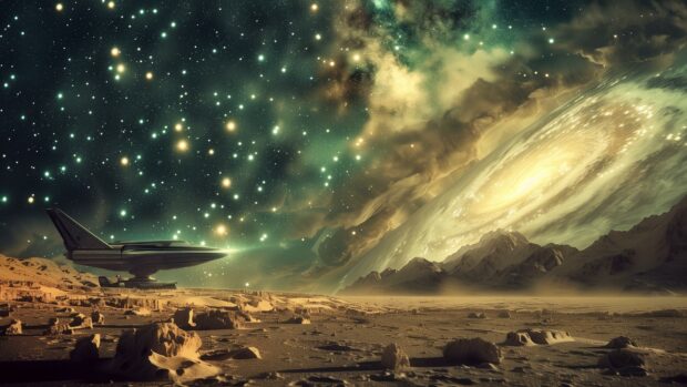 A spaceship landing on a barren moon, with the ship's lights illuminating the rocky terrain and a galaxy filled sky above.